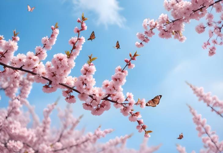 Cherry Blossom Branches with Blue Sky and Butterflies in Spring Soft Focus