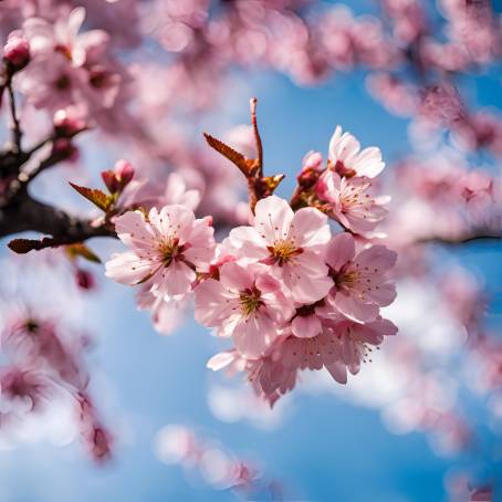 Cherry Blossom Charm Pink Flowers Against a Bright Blue Sky in Japanese Spring Splendor