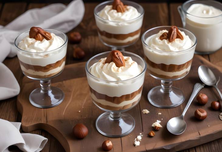 Chestnut No Bake Dessert in Glasses with Whipped Cream on Rustic Wooden Table