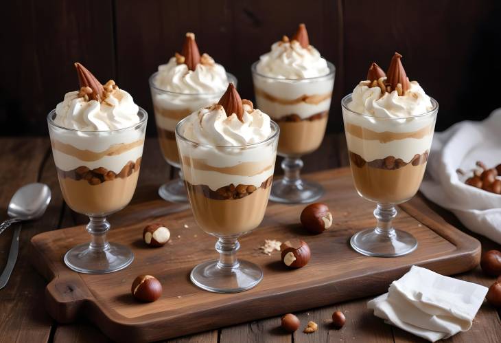 Chestnut No Bake Dessert in Rustic Glasses Topped with Whipped Cream on Wooden Table