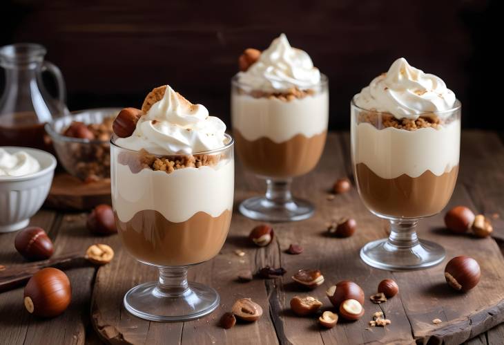 Chestnut No Bake Dessert in Rustic Glasses with Whipped Cream on a Wooden Table