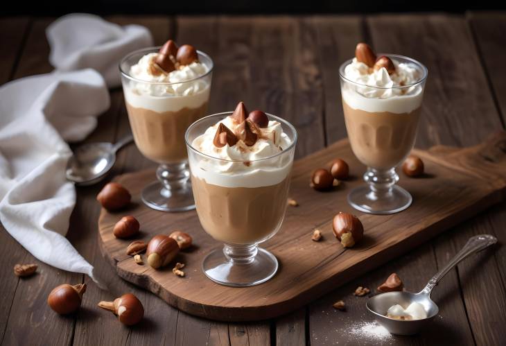 Chestnut No Bake Dessert in Rustic Glasses with Whipped Cream on a Wooden Table