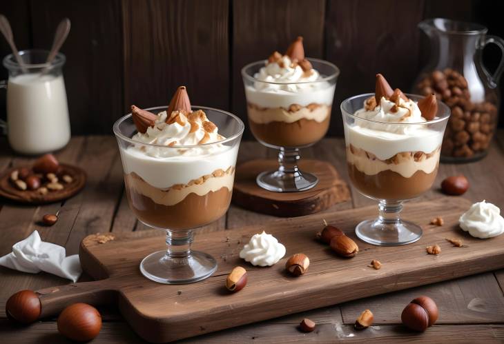 Chestnut No Bake Dessert with Whipped Cream in Glasses on Rustic Wooden Table