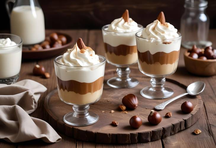 Chestnut No Bake Dessert with Whipped Cream in Rustic Glasses on Wooden Table