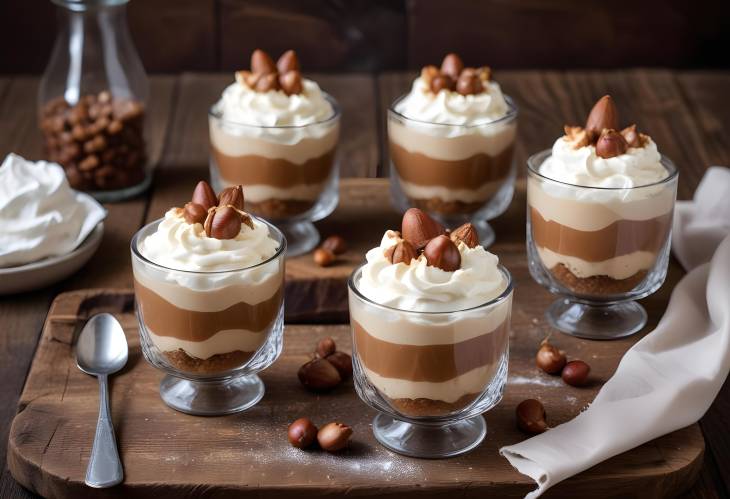 Chestnut No Bake Dessert with Whipped Cream in Rustic Glasses on Wooden Table