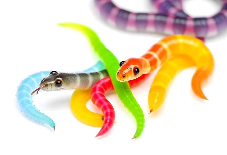 Chewy Colorful Jelly Worms and Snakes Isolated on Clean White Background