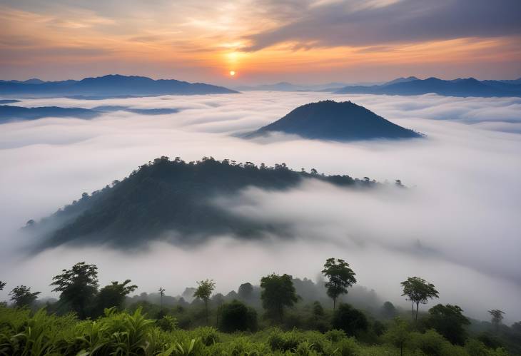 Chiang Khan Foggy Morning Phu Thok Mountain and Loei Province View