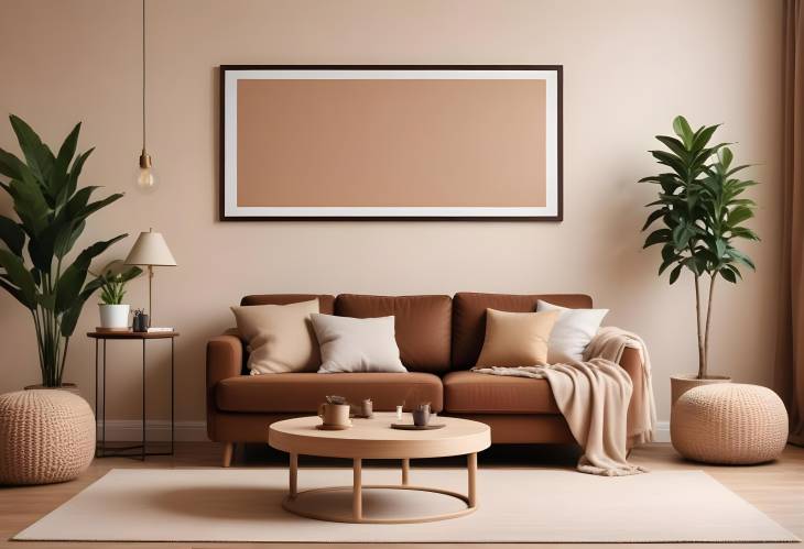 Chic and Cozy Living Room Brown Sofa, Pouf, Beige Carpet, Lamp, and MockUp Frame for Elegant Home