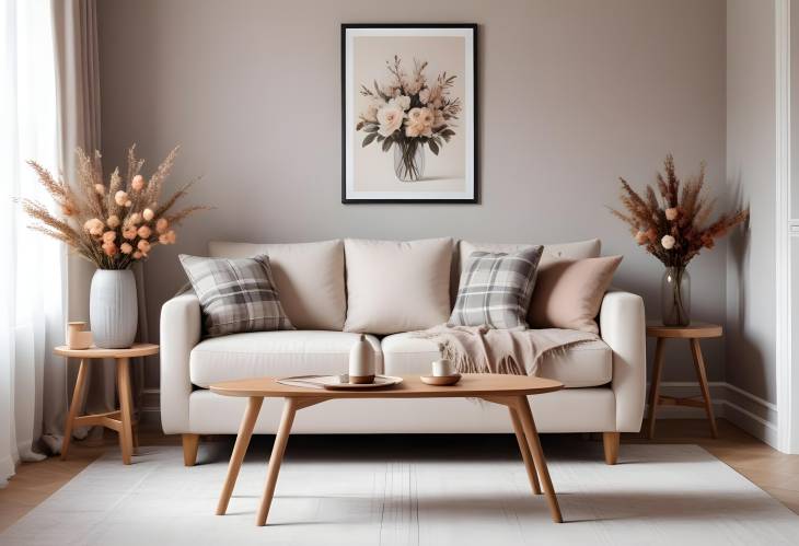 Chic and Cozy Living Room Interior Sofa, Coffee Table, Dried Flowers, and Modern Decor with MockUp