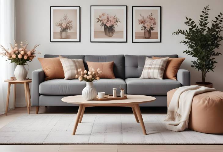 Chic and Cozy Living Room Interior Sofa, Coffee Table, Dried Flowers, and Modern Decor with MockUp