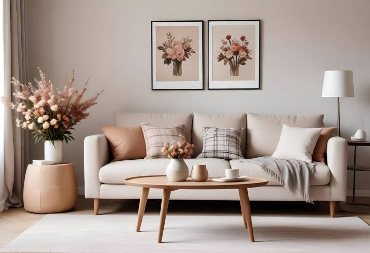 Chic and Cozy Living Room Interior Sofa, Coffee Table, Dried Flowers, and Modern Decor with MockUp