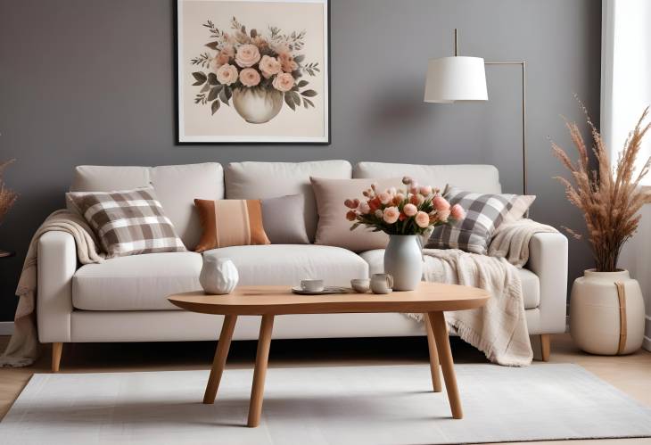 Chic and Cozy Living Room Interior Sofa, Coffee Table, Dried Flowers, and Modern Decor with MockUp