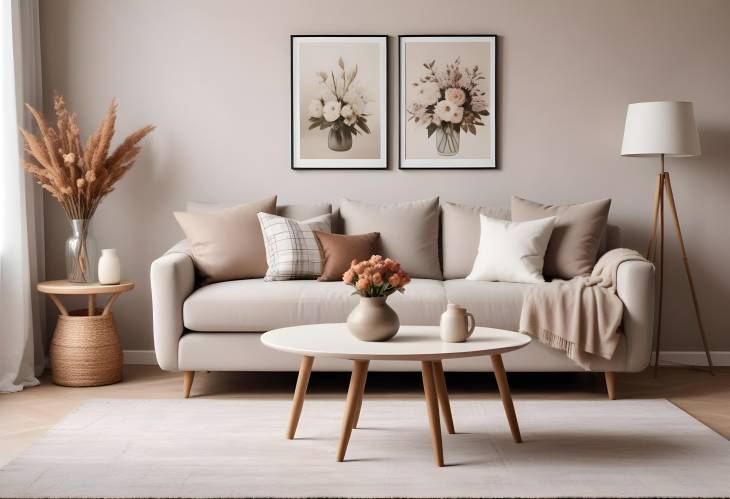 Chic and Cozy Living Room Interior Sofa, Coffee Table, Dried Flowers, and Modern Decor with MockUp