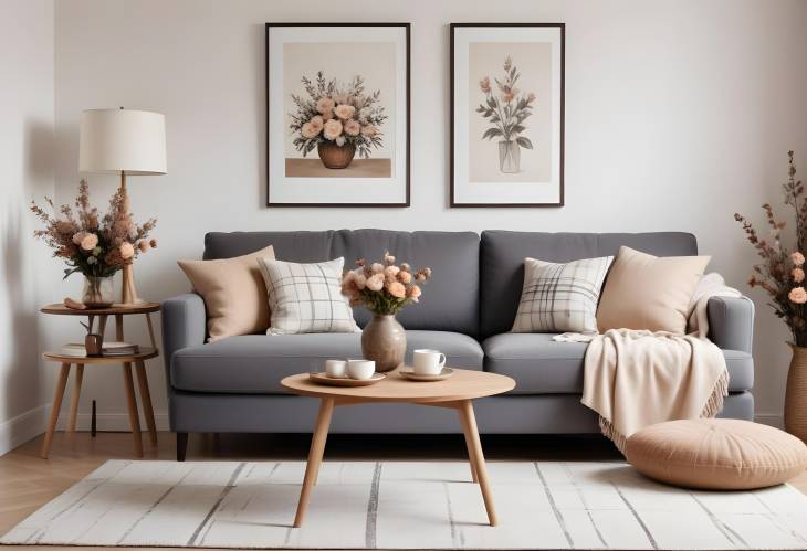 Chic and Cozy Living Room Interior Sofa, Coffee Table, Dried Flowers, and Modern Decor with MockUp