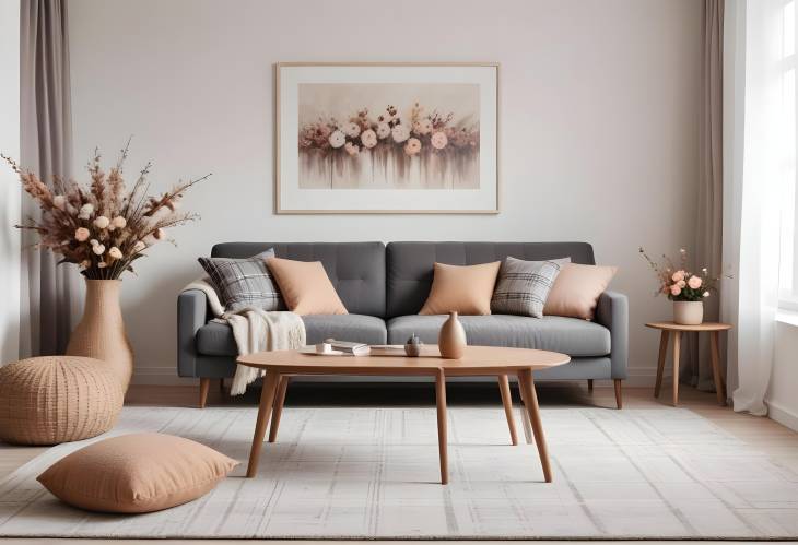 Chic and Cozy Living Room Interior Sofa, Coffee Table, Dried Flowers, and Modern Decor with MockUp