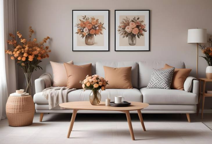 Chic and Cozy Living Room Interior Sofa, Coffee Table, Dried Flowers, and Modern Decor with MockUp