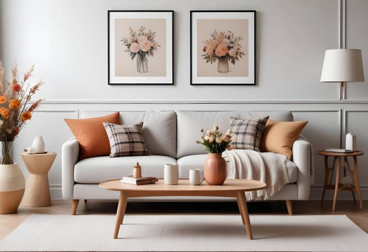 Chic and Cozy Living Room Interior Sofa, Coffee Table, Dried Flowers, and Modern Decor with MockUp