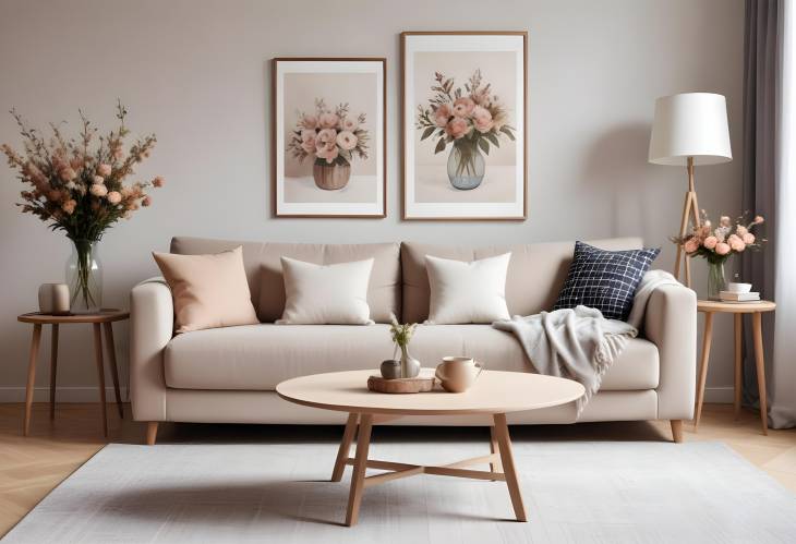 Chic and Cozy Living Room Interior Sofa, Coffee Table, Dried Flowers, and Modern Decor with MockUp