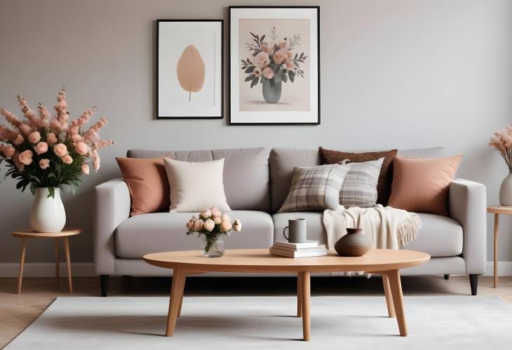 Chic and Cozy Living Room Interior Sofa, Coffee Table, Dried Flowers, and Modern Decor with MockUp