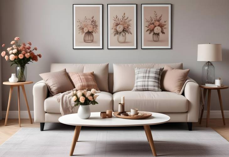 Chic and Cozy Living Room Interior Sofa, Coffee Table, Dried Flowers, and Modern Decor with MockUp