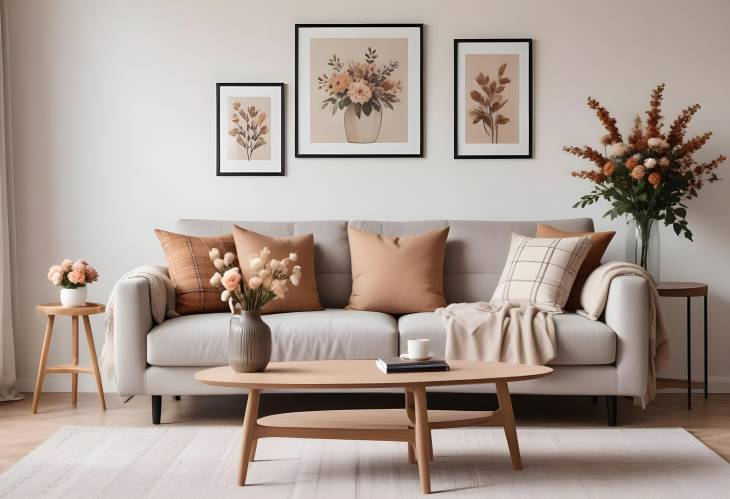 Chic and Cozy Living Room Interior Sofa, Coffee Table, Dried Flowers, and Modern Decor with MockUp