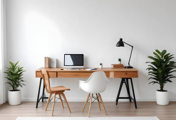 Chic and Cozy Office Space with Wooden Desk Near White Wall  Modern Indoor Workspace