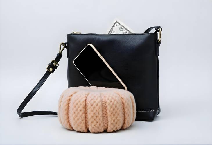 Chic Black Leather Crossbody Bag with Phone and Cash on Pouf