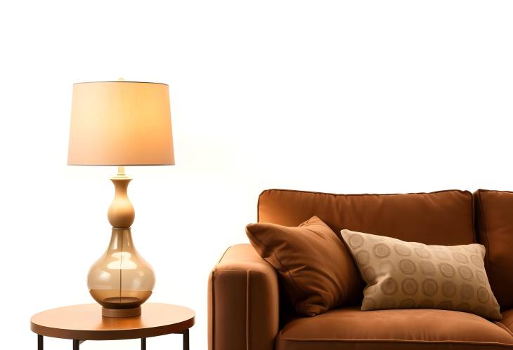 Chic Brown Sofa and Lamp with Pampas Grass Vase on White Background