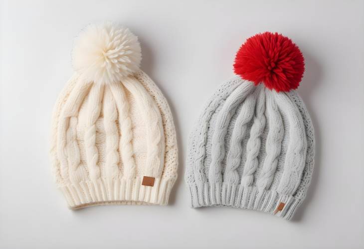 Chic Cable Knit Pom Pom Beanie and Colorblock Hat with Folded Design on White Background