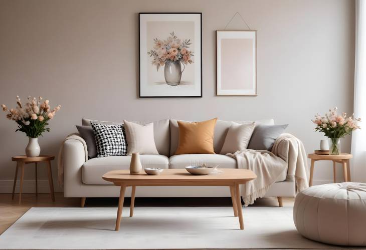 Chic Cozy Living Room with Modern Touches Sofa, Coffee Table, Dried Flowers, and MockUp Poster