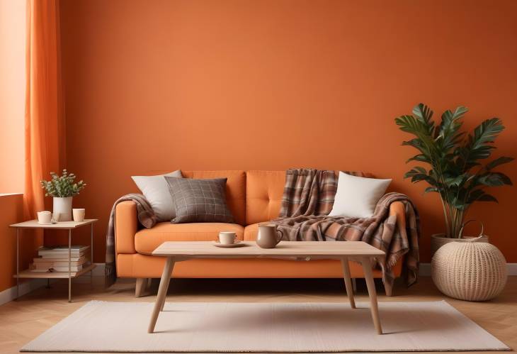 Chic Cozy Sofa with Plaid Blanket and Coffee Table Set Against Bold Orange Wall for Modern Interior