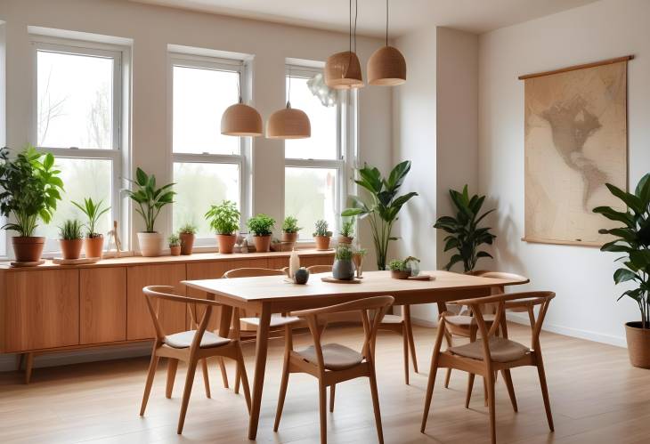 Chic Dining Room with Craft Wooden Table, Abundant Plants, Map Poster, and Modern Elegant Accents