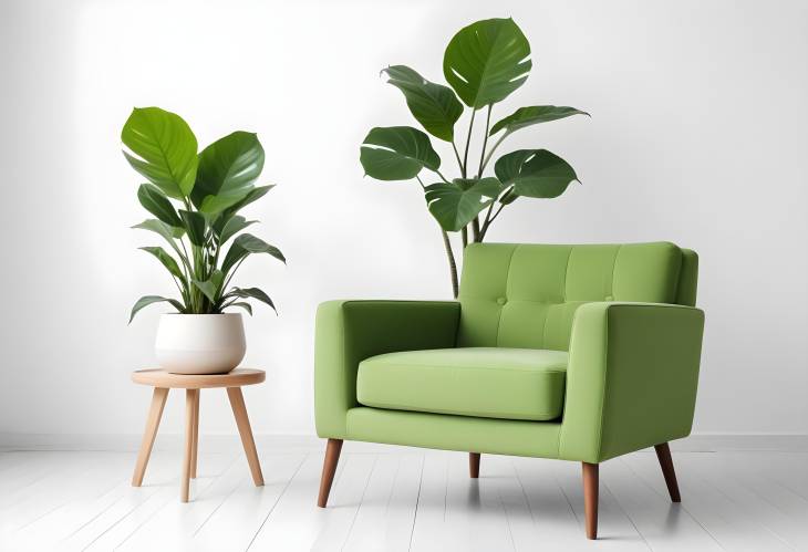 Chic Green Armchair with Potted Plant Isolated Against a Clean White Background