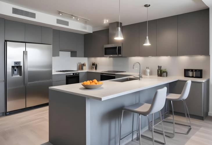 Chic Grey Modern Kitchen with Top Stainless Steel Appliances in a Luxury Apartment