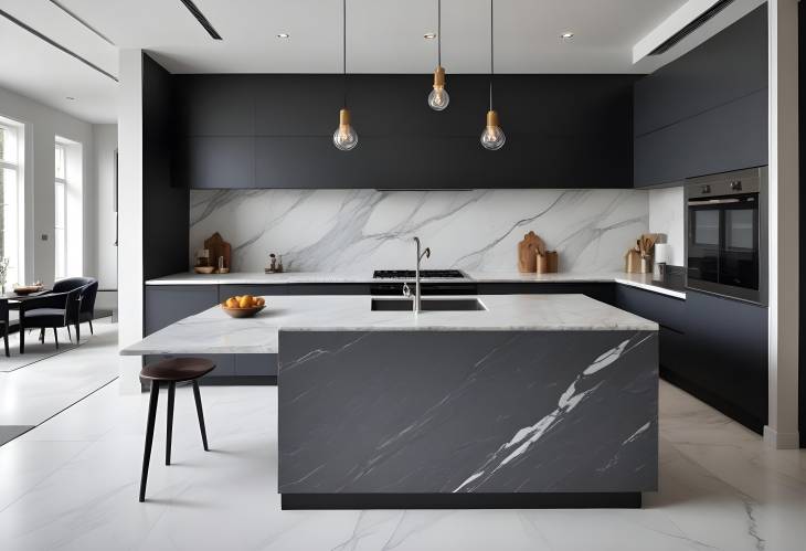 Chic Grey Slate and Marble Kitchen with Minimalist European Style in a Luxurious Modern Home