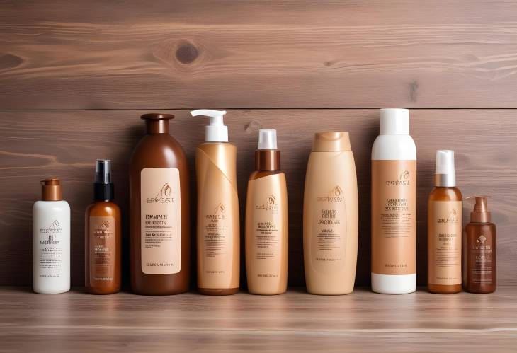 Chic Hair Care Products Arranged on a Wooden Table with a Neutral Background for a Modern Aesthetic