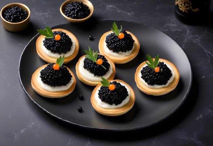 Chic Holiday Appetizer Black Caviar, Mini Pancakes, and Sour Cream on Marble