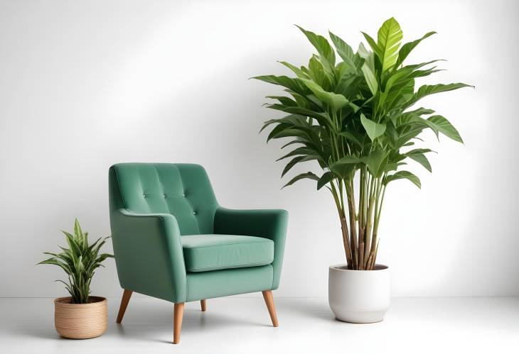 Chic Isolated Green Armchair with a Plant on a Pure White Background