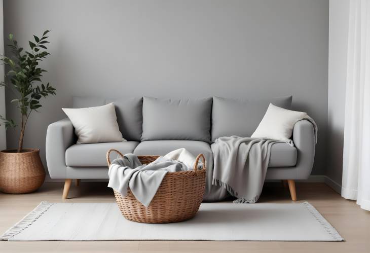 Chic Light Living Room with Cozy Grey Sofa, Soft Blanket in Basket, and Elegant Decor