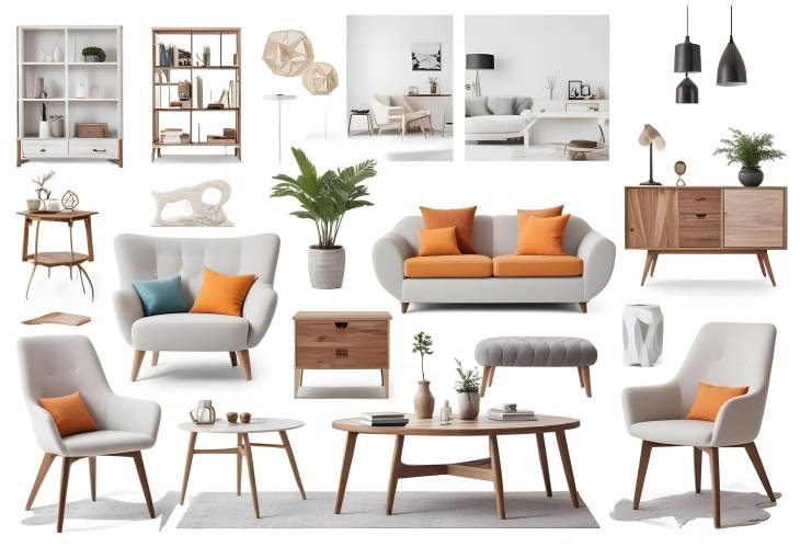 Chic Living Room Interior Design Collage with Flexible Furniture and Decorative Pieces on White Back