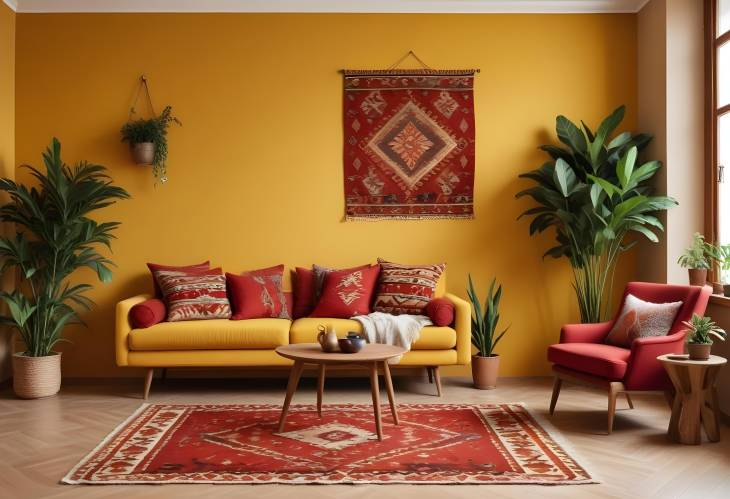 Chic Living Room Interior with Kilim Rug, Wooden Sideboard, and Red Armchair  Cozy Home Decor