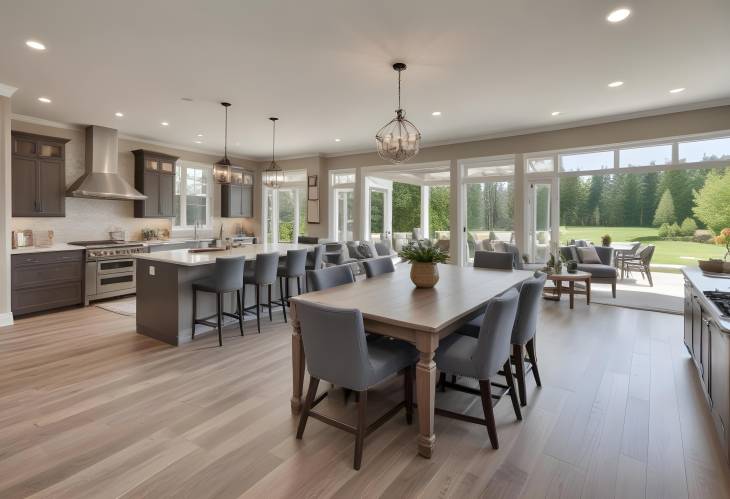 Chic Living Room, Kitchen, Dining Area in New Luxury Home with Open Concept and French Doors to deck