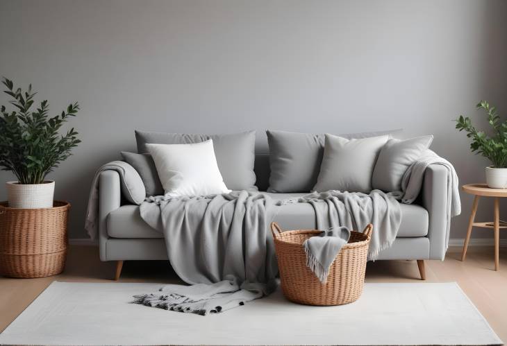 Chic Living Room with Grey Sofa, Basket with Soft Blanket, and Light Interior Design