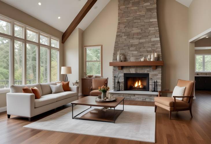 Chic Living Room with Hardwood Floors and Roaring Fireplace in Luxury Home Setting