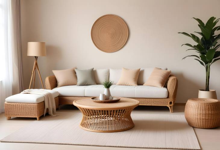 Chic living room with sofas, rattan table, and soft carpet, perfect for a modern, cozy atmosphere