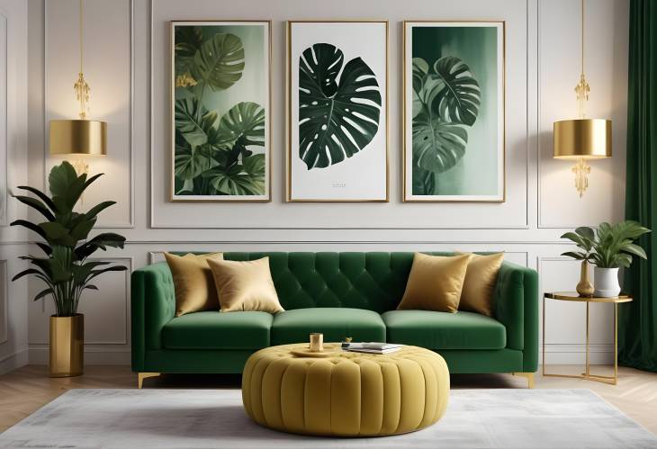 Chic Luxury Living Room with Green Velvet Sofa, Gold Decor, and Elegant Modern Accessories