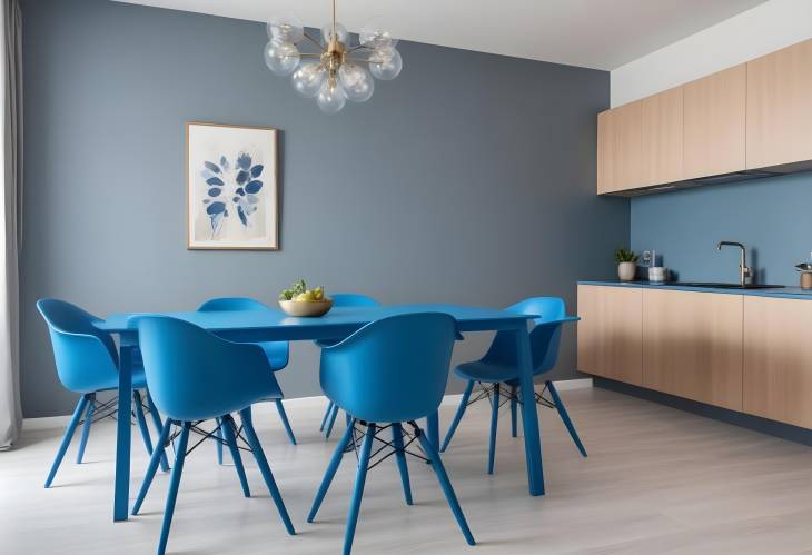 Chic Modern Dining Room Blue Table and Chairs in a Bright and Stylish Flat Interior