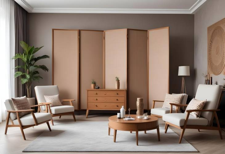 Chic Modern Living Room with Folding Screen, Chest of Drawers, Armchairs, and Stylish Carpet