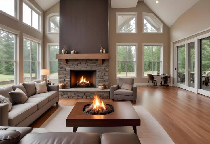 Chic Modern Living Room with Hardwood Floors and Roaring Fireplace in Luxury Home