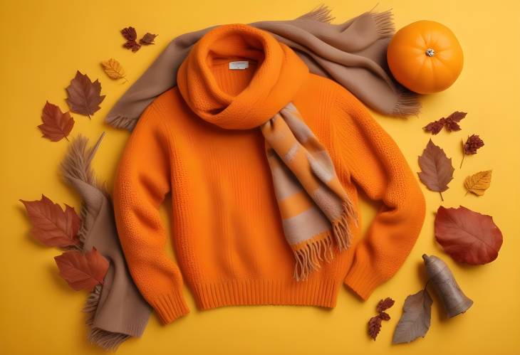 Chic Orange Knitted Sweater and Scarf Cozy Autumn Outfit on Yellow Background